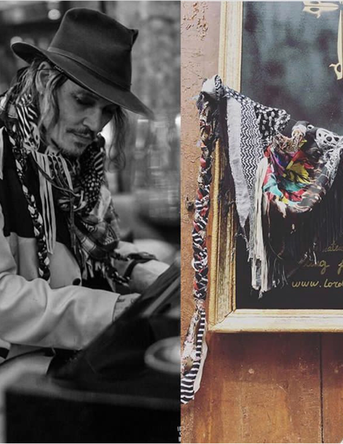 Johnny Depp wearing Lord SM Paris scarves "JAMAIS SANS MON U-JACK"