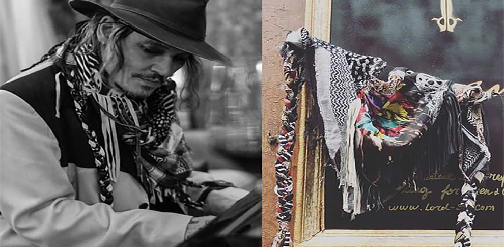 Johnny Depp wearing Lord SM Paris scarves "JAMAIS SANS MON U-JACK"